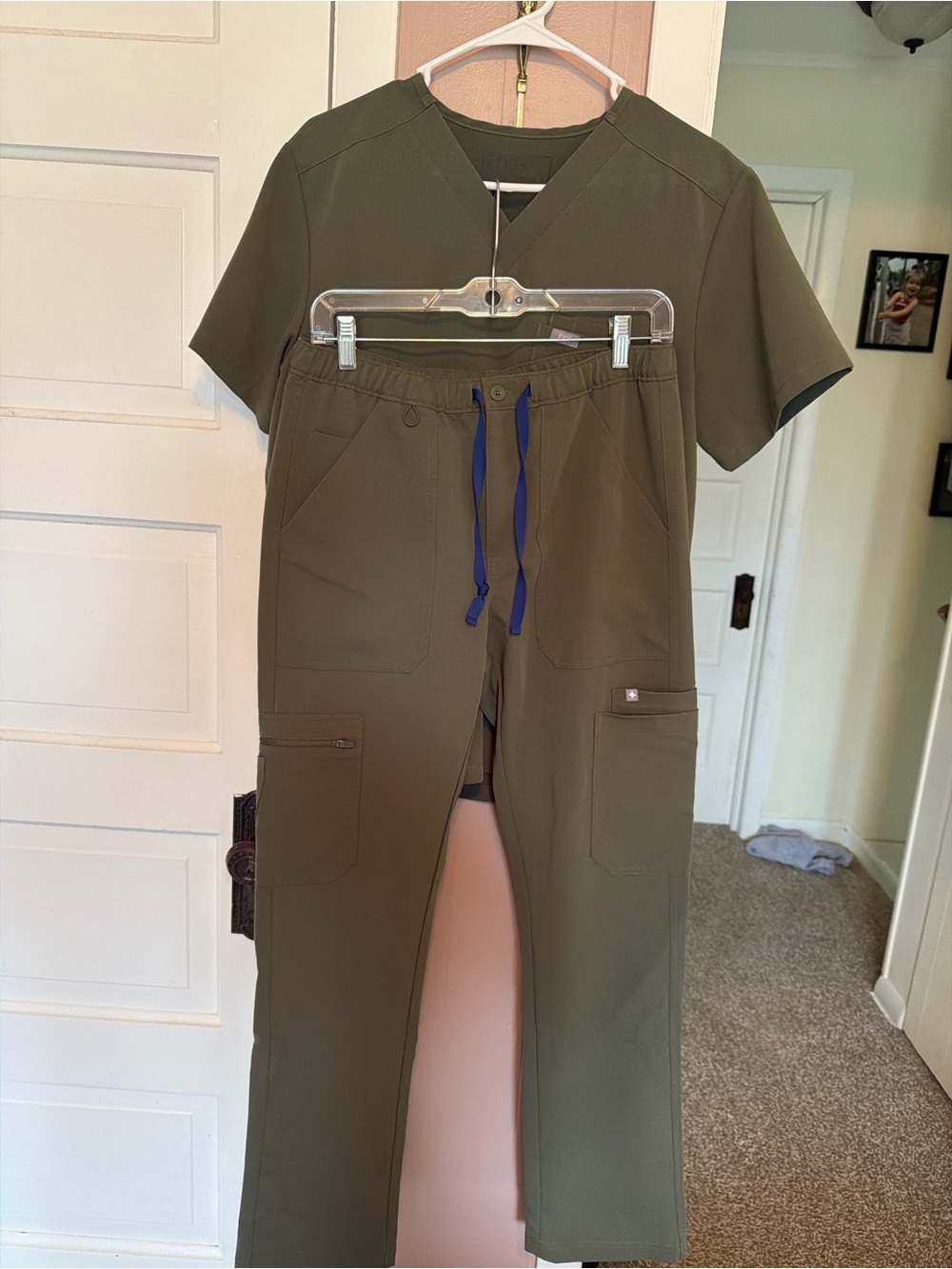 Figs Olive Green Scrub Set with Blue Drawcord